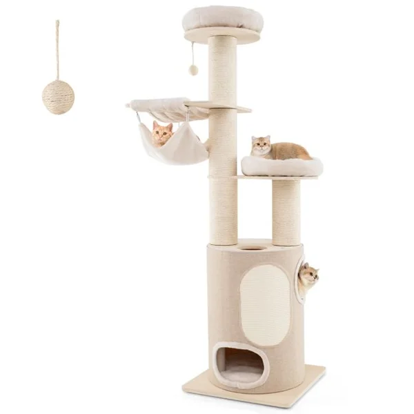Arbre à Chat en Bois avec Condo à 2 Etages Hamacs 2 Perchoirs Griffoirs en Sisal Tapis et Balle Coussins Lavables Naturel