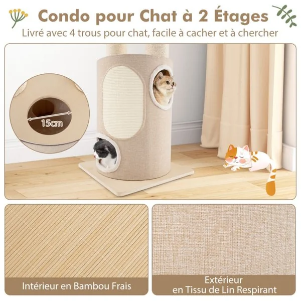 Arbre à Chat en Bois avec Condo à 2 Etages Hamacs 2 Perchoirs Griffoirs en Sisal Tapis et Balle Coussins Lavables Naturel
