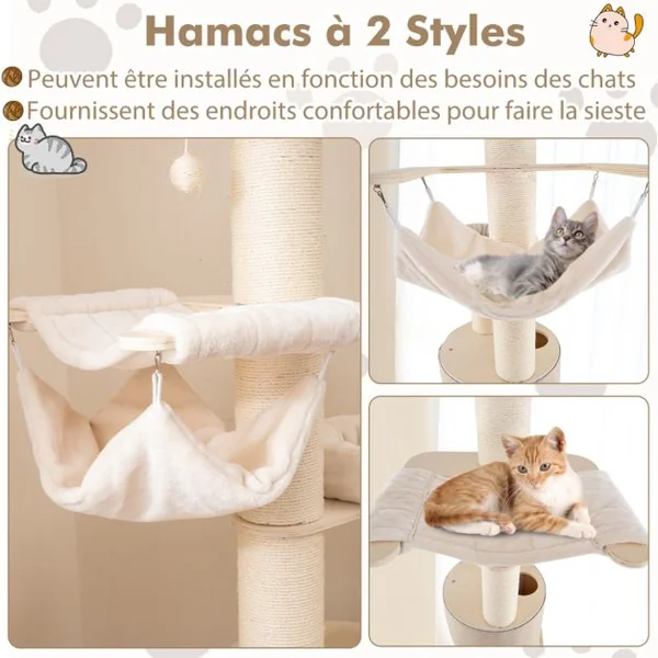 Arbre à Chat en Bois avec Condo à 2 Etages Hamacs 2 Perchoirs Griffoirs en Sisal Tapis et Balle Coussins Lavables Naturel
