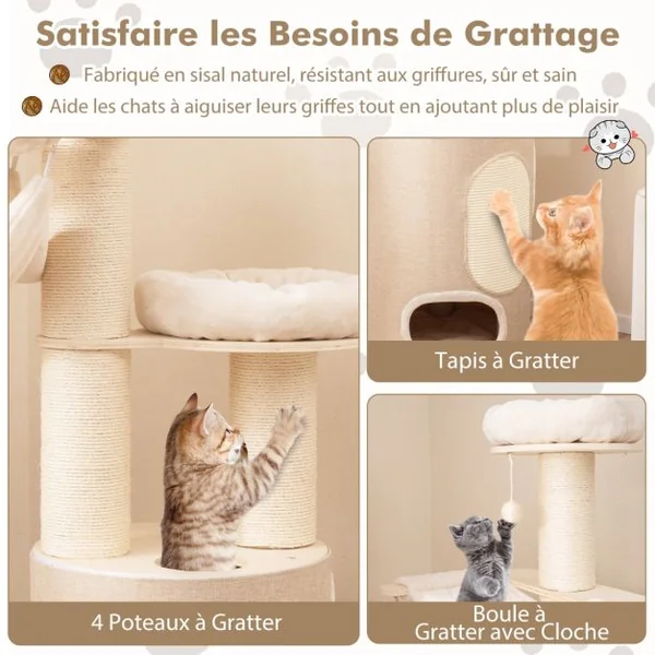 Arbre à Chat en Bois avec Condo à 2 Etages Hamacs 2 Perchoirs Griffoirs en Sisal Tapis et Balle Coussins Lavables Naturel