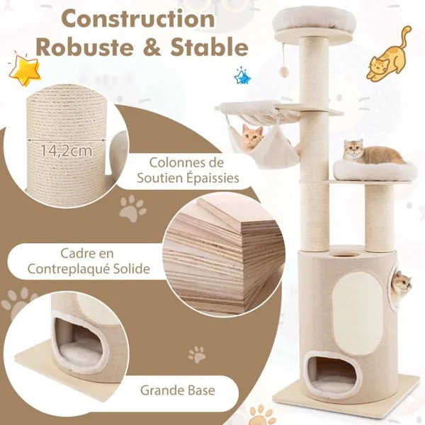 Arbre à Chat en Bois avec Condo à 2 Etages Hamacs 2 Perchoirs Griffoirs en Sisal Tapis et Balle Coussins Lavables Naturel