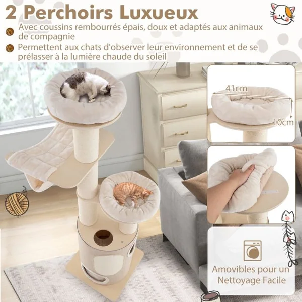 Arbre à Chat en Bois avec Condo à 2 Etages Hamacs 2 Perchoirs Griffoirs en Sisal Tapis et Balle Coussins Lavables Naturel