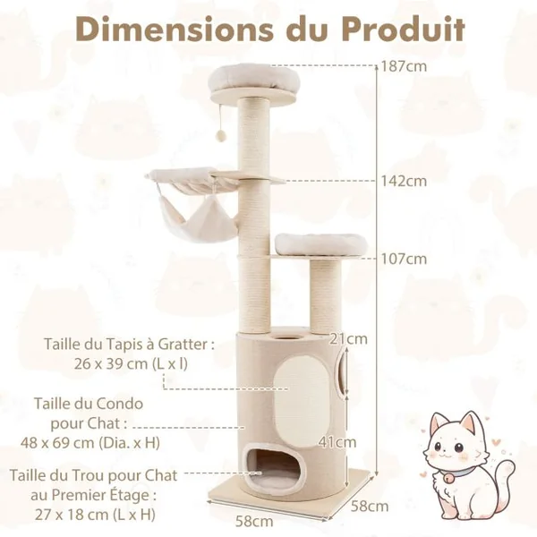 Arbre à Chat en Bois avec Condo à 2 Etages Hamacs 2 Perchoirs Griffoirs en Sisal Tapis et Balle Coussins Lavables Naturel
