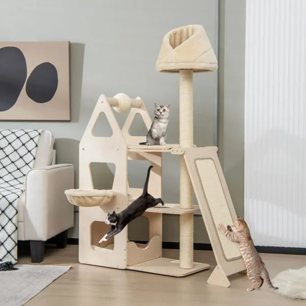 Arbre à Chat en Bois Massif 162CM Tour de Chat Multicouche Balle et Poteaux Rotatifs à Gratter Rampe de Sisal Beige