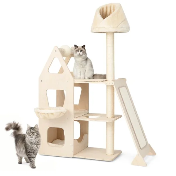Arbre à Chat en Bois Massif 162CM Tour de Chat Multicouche Balle et Poteaux Rotatifs à Gratter Rampe de Sisal Beige