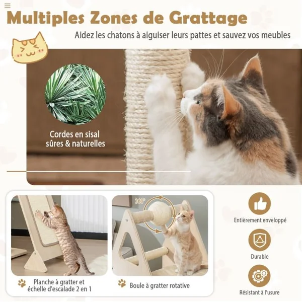 Arbre à Chat en Bois Massif 162CM Tour de Chat Multicouche Balle et Poteaux Rotatifs à Gratter Rampe de Sisal Beige