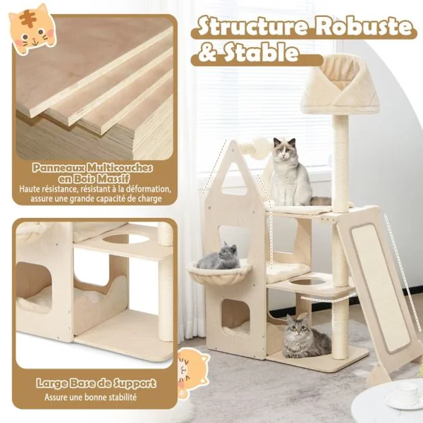 Arbre à Chat en Bois Massif 162CM Tour de Chat Multicouche Balle et Poteaux Rotatifs à Gratter Rampe de Sisal Beige