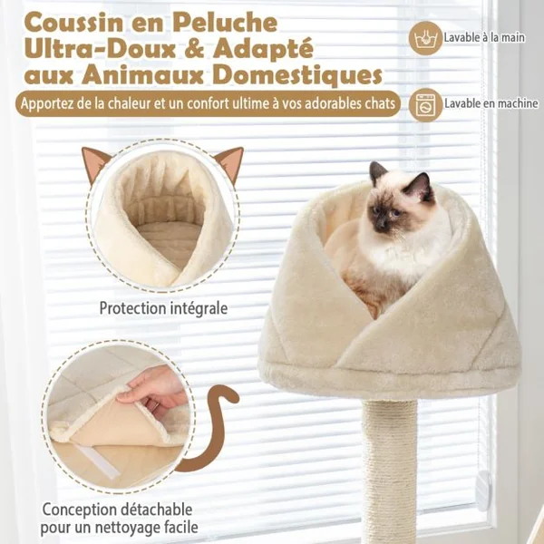 Arbre à Chat en Bois Massif 162CM Tour de Chat Multicouche Balle et Poteaux Rotatifs à Gratter Rampe de Sisal Beige