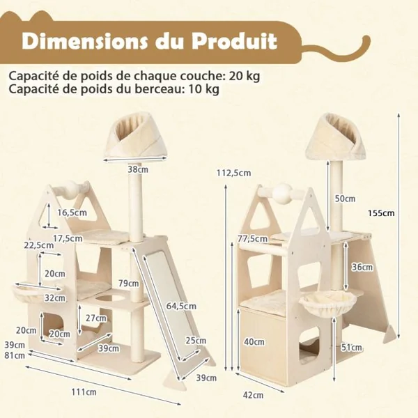 Arbre à Chat en Bois Massif 162CM Tour de Chat Multicouche Balle et Poteaux Rotatifs à Gratter Rampe de Sisal Beige