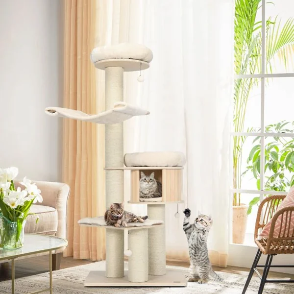 Arbre à Chat en Bois Massif de 174 CM Tour à Chat à 4 Niveaux avec Poteaux de Grattage en Sisal Condo Perchoir en Peluche Hamac Support d'Escalade