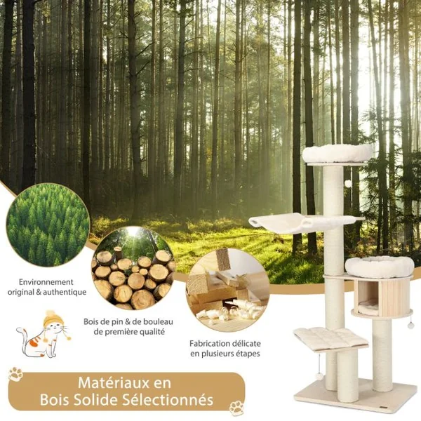 Arbre à Chat en Bois Massif de 174 CM Tour à Chat à 4 Niveaux avec Poteaux de Grattage en Sisal Condo Perchoir en Peluche Hamac Support d'Escalade