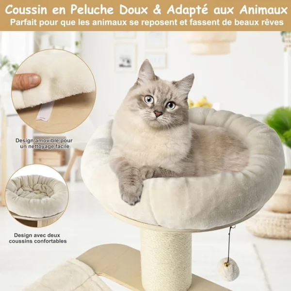 Arbre à Chat en Bois Massif de 174 CM Tour à Chat à 4 Niveaux avec Poteaux de Grattage en Sisal Condo Perchoir en Peluche Hamac Support d'Escalade