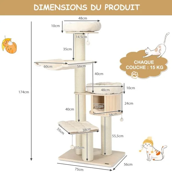 Arbre à Chat en Bois Massif de 174 CM Tour à Chat à 4 Niveaux avec Poteaux de Grattage en Sisal Condo Perchoir en Peluche Hamac Support d'Escalade