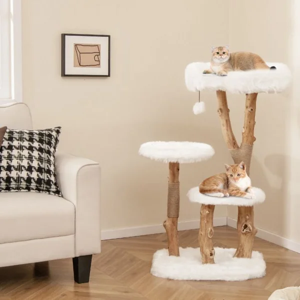 Arbre à Chat en Bois Massif Tour pour Chat en Bois avec Perchoir Poteaux à Gratter en Jute Naturelle Balle Suspendue Peluche Douce Blanc