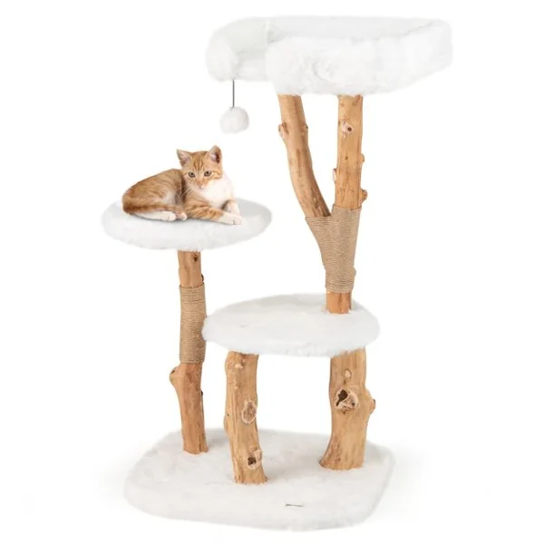 Arbre à Chat en Bois Massif Tour pour Chat en Bois avec Perchoir Poteaux à Gratter en Jute Naturelle Balle Suspendue Peluche Douce Blanc