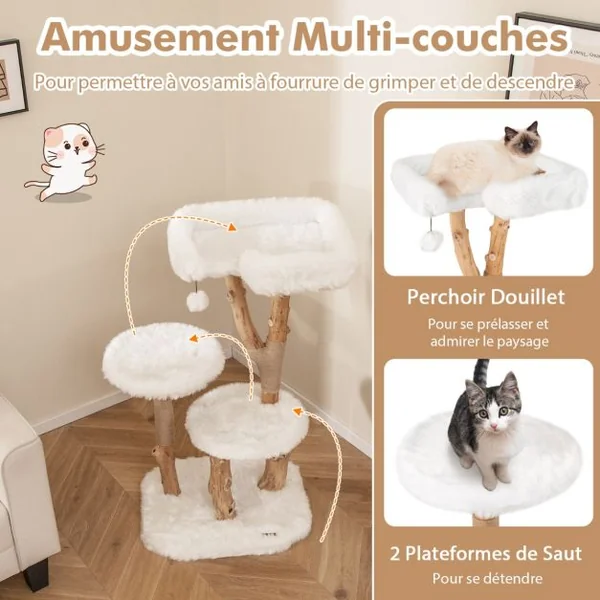 Arbre à Chat en Bois Massif Tour pour Chat en Bois avec Perchoir Poteaux à Gratter en Jute Naturelle Balle Suspendue Peluche Douce Blanc