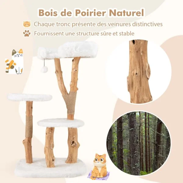 Arbre à Chat en Bois Massif Tour pour Chat en Bois avec Perchoir Poteaux à Gratter en Jute Naturelle Balle Suspendue Peluche Douce Blanc