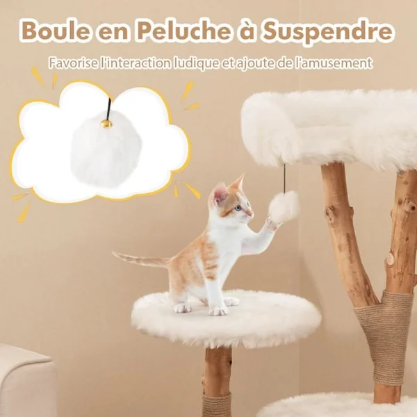 Arbre à Chat en Bois Massif Tour pour Chat en Bois avec Perchoir Poteaux à Gratter en Jute Naturelle Balle Suspendue Peluche Douce Blanc