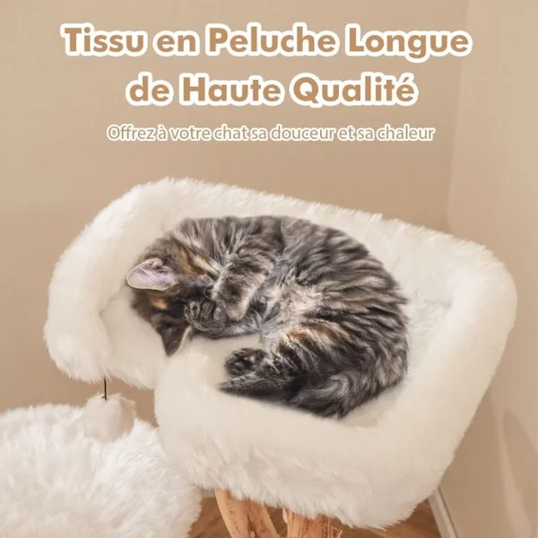 Arbre à Chat en Bois Massif Tour pour Chat en Bois avec Perchoir Poteaux à Gratter en Jute Naturelle Balle Suspendue Peluche Douce Blanc