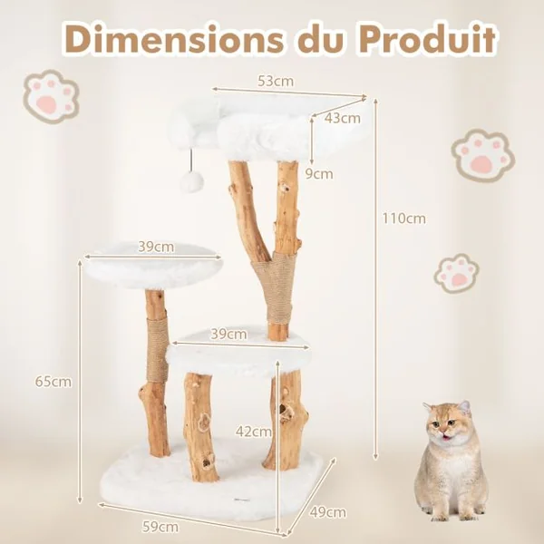 Arbre à Chat en Bois Massif Tour pour Chat en Bois avec Perchoir Poteaux à Gratter en Jute Naturelle Balle Suspendue Peluche Douce Blanc