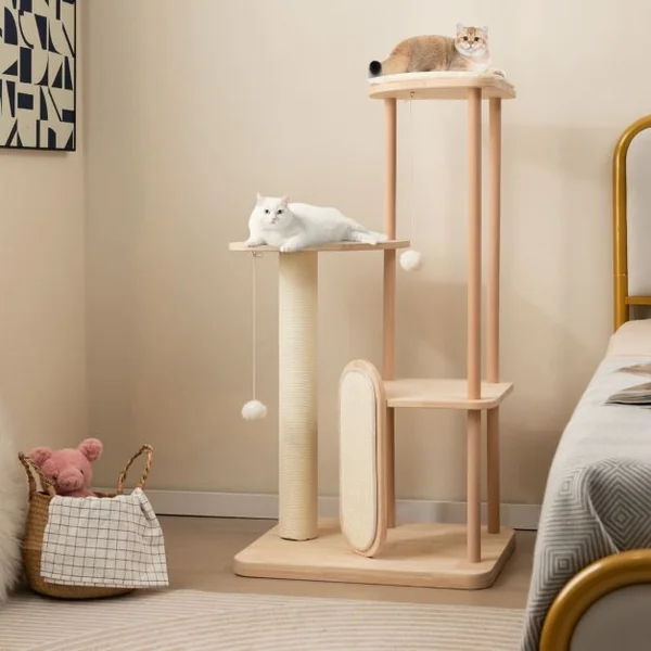 Arbre à Chat en Bois Pour Chats Tour à Chat Moderne à Plusieurs Niveaux Planche à Gratter Poteau en Sisal Perchoir Rembourré