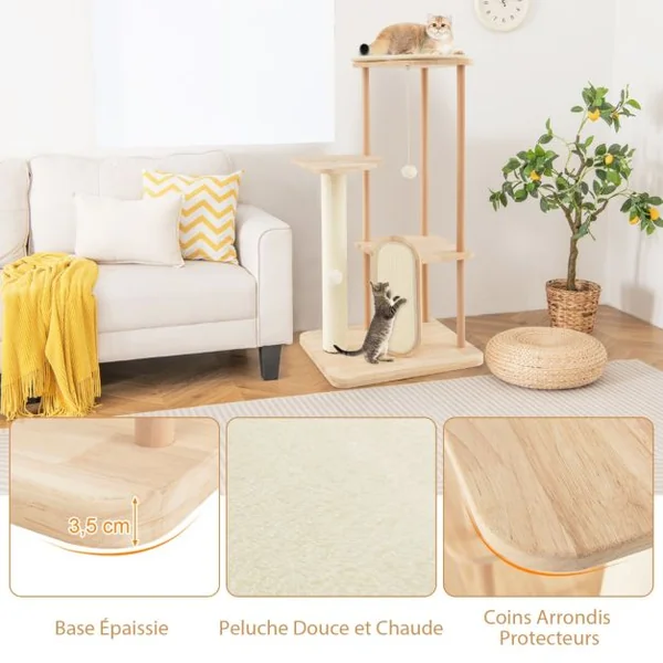 Arbre à Chat en Bois Pour Chats Tour à Chat Moderne à Plusieurs Niveaux Planche à Gratter Poteau en Sisal Perchoir Rembourré