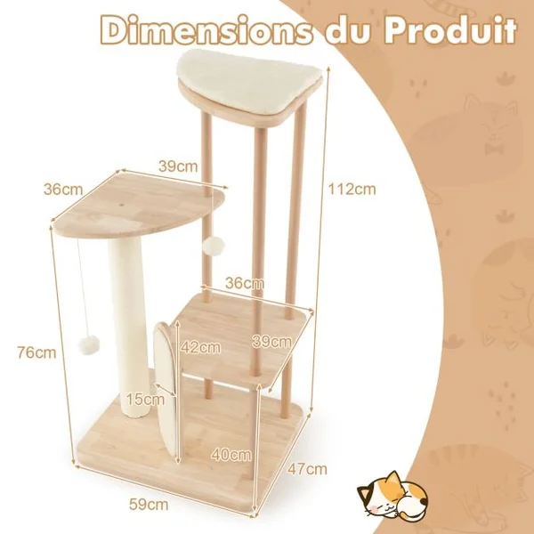 Arbre à Chat en Bois Pour Chats Tour à Chat Moderne à Plusieurs Niveaux Planche à Gratter Poteau en Sisal Perchoir Rembourré