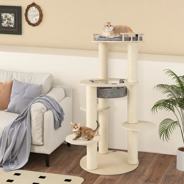 Arbre à Chat en Bois à 6 Niveaux Tour à Chat avec Perchoir Rembourré Hamac Griffoirs en Sisal Entièrement Enveloppés 3 Plates-Formes Gris