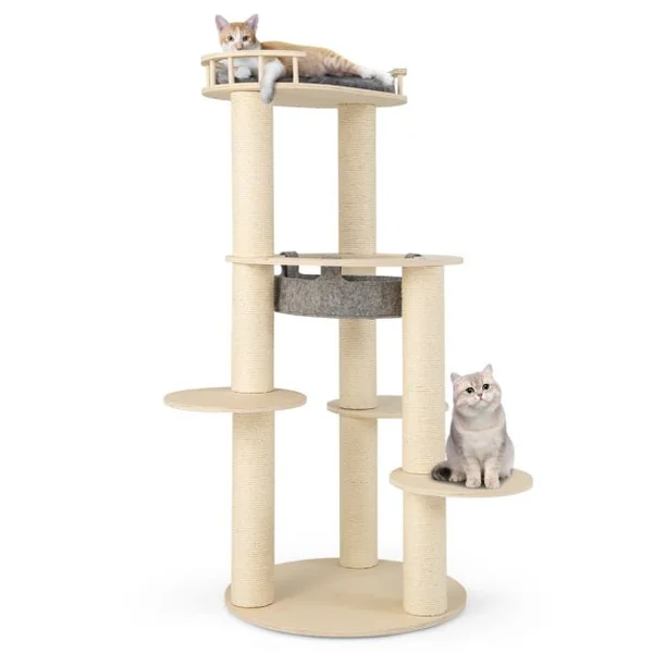 Arbre à Chat en Bois à 6 Niveaux Tour à Chat avec Perchoir Rembourré Hamac Griffoirs en Sisal Entièrement Enveloppés 3 Plates-Formes Gris