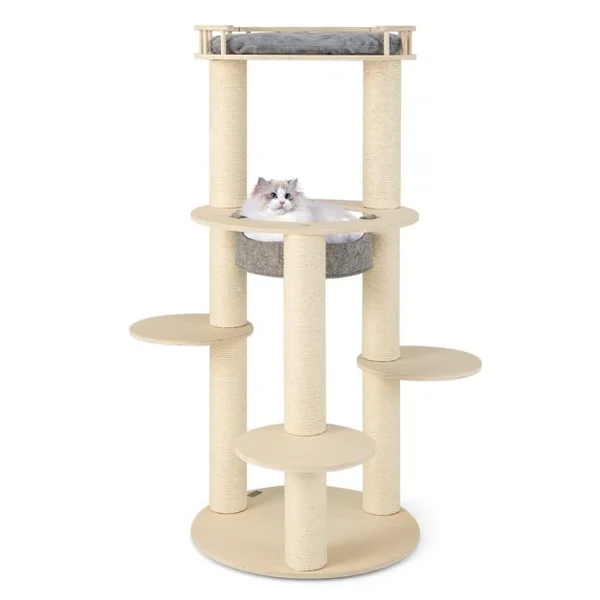 Arbre à Chat en Bois à 6 Niveaux Tour à Chat avec Perchoir Rembourré Hamac Griffoirs en Sisal Entièrement Enveloppés 3 Plates-Formes Gris