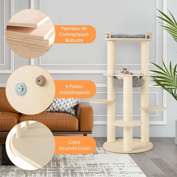 Arbre à Chat en Bois à 6 Niveaux Tour à Chat avec Perchoir Rembourré Hamac Griffoirs en Sisal Entièrement Enveloppés 3 Plates-Formes Gris