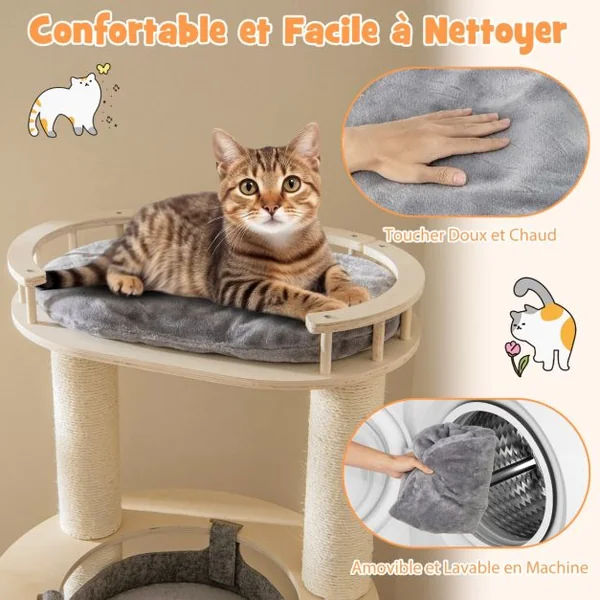 Arbre à Chat en Bois à 6 Niveaux Tour à Chat avec Perchoir Rembourré Hamac Griffoirs en Sisal Entièrement Enveloppés 3 Plates-Formes Gris