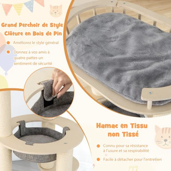 Arbre à Chat en Bois à 6 Niveaux Tour à Chat avec Perchoir Rembourré Hamac Griffoirs en Sisal Entièrement Enveloppés 3 Plates-Formes Gris
