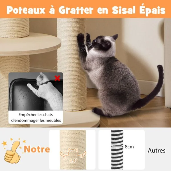 Arbre à Chat en Bois à 6 Niveaux Tour à Chat avec Perchoir Rembourré Hamac Griffoirs en Sisal Entièrement Enveloppés 3 Plates-Formes Gris