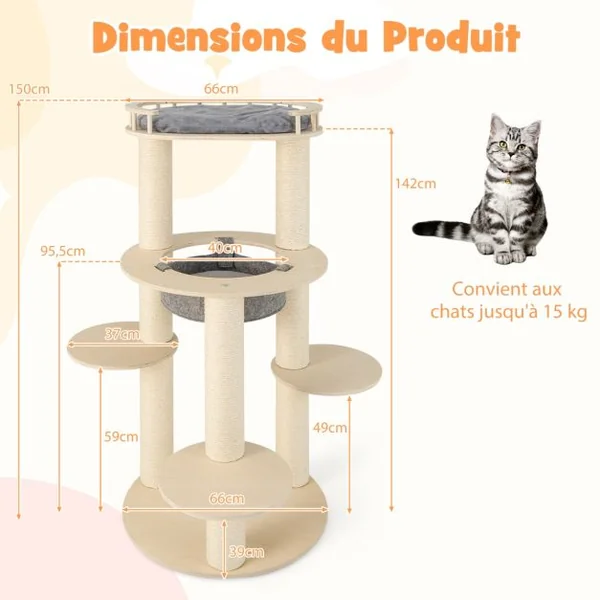 Arbre à Chat en Bois à 6 Niveaux Tour à Chat avec Perchoir Rembourré Hamac Griffoirs en Sisal Entièrement Enveloppés 3 Plates-Formes Gris