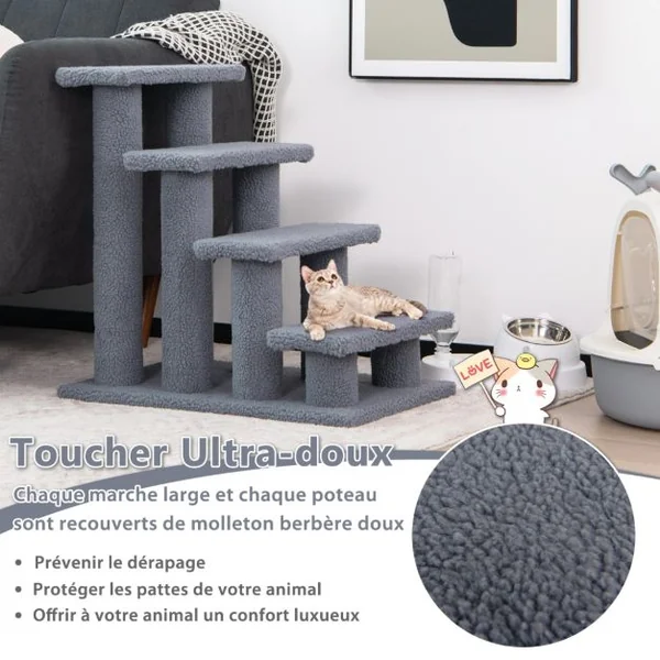 Arbre à chat en escalier à 4 étages Centre d'activités pour chat en Cachemire et MDF 60,5x40x60cm Gris