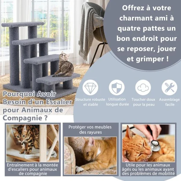 Arbre à chat en escalier à 4 étages Centre d'activités pour chat en Cachemire et MDF 60,5x40x60cm Gris