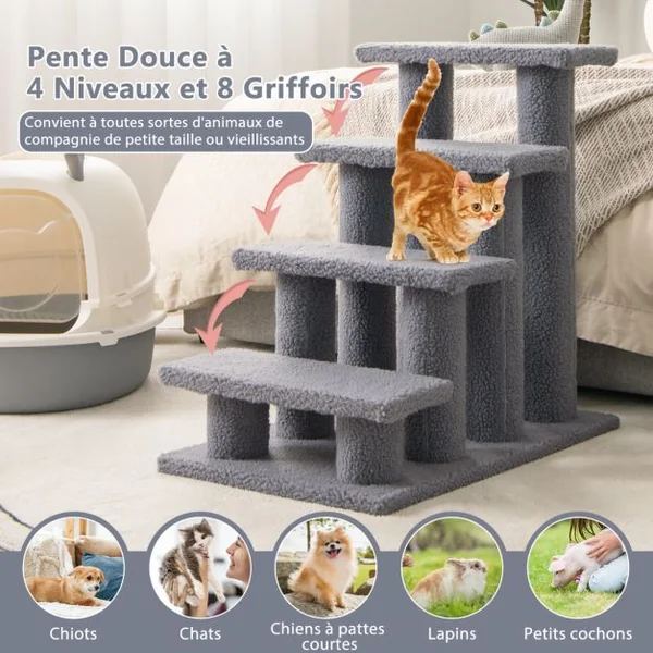 Arbre à chat en escalier à 4 étages Centre d'activités pour chat en Cachemire et MDF 60,5x40x60cm Gris