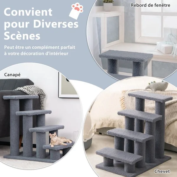 Arbre à chat en escalier à 4 étages Centre d'activités pour chat en Cachemire et MDF 60,5x40x60cm Gris