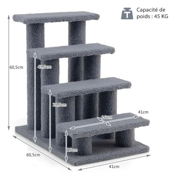 Arbre à chat en escalier à 4 étages Centre d'activités pour chat en Cachemire et MDF 60,5x40x60cm Gris