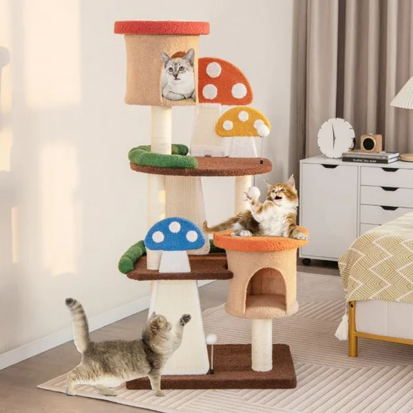 Arbre à Chat en Forme de Champignon 2 Condos Balles Interactives Poteau Griffoir Plateforme Tour de Jeux pour Chat Multicolore