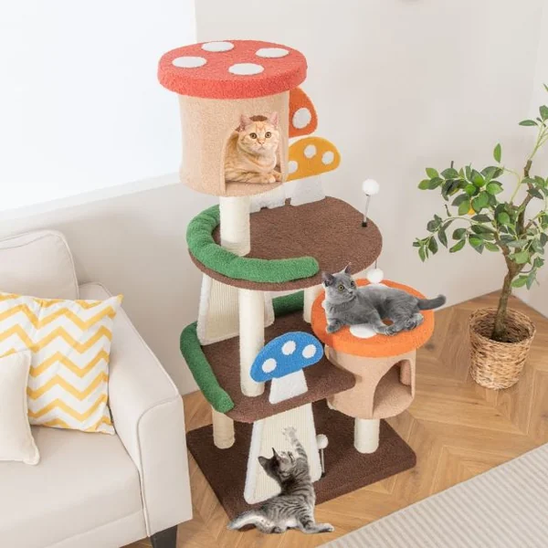 Arbre à Chat en Forme de Champignon 2 Condos Balles Interactives Poteau Griffoir Plateforme Tour de Jeux pour Chat Multicolore