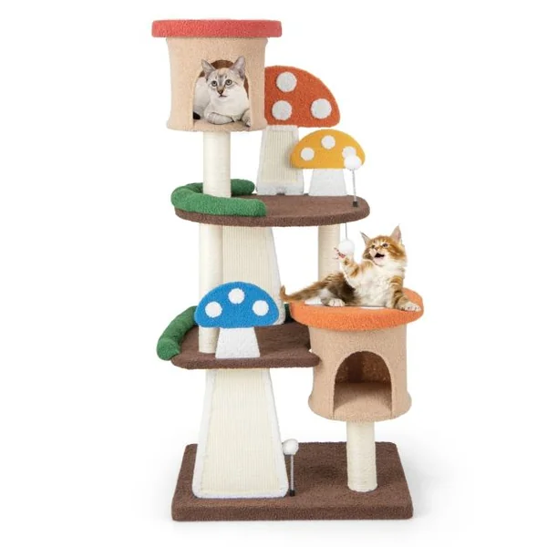 Arbre à Chat en Forme de Champignon 2 Condos Balles Interactives Poteau Griffoir Plateforme Tour de Jeux pour Chat Multicolore