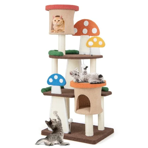 Arbre à Chat en Forme de Champignon 2 Condos Balles Interactives Poteau Griffoir Plateforme Tour de Jeux pour Chat Multicolore