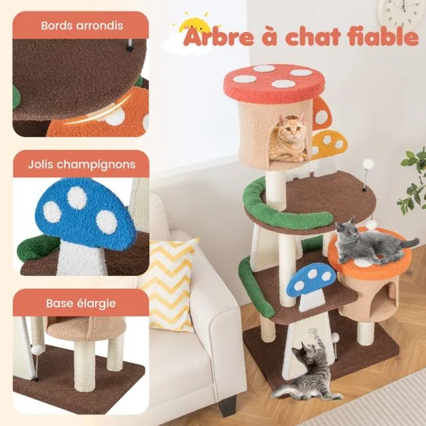 Arbre à Chat en Forme de Champignon 2 Condos Balles Interactives Poteau Griffoir Plateforme Tour de Jeux pour Chat Multicolore