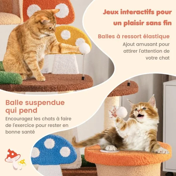 Arbre à Chat en Forme de Champignon 2 Condos Balles Interactives Poteau Griffoir Plateforme Tour de Jeux pour Chat Multicolore