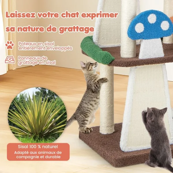 Arbre à Chat en Forme de Champignon 2 Condos Balles Interactives Poteau Griffoir Plateforme Tour de Jeux pour Chat Multicolore