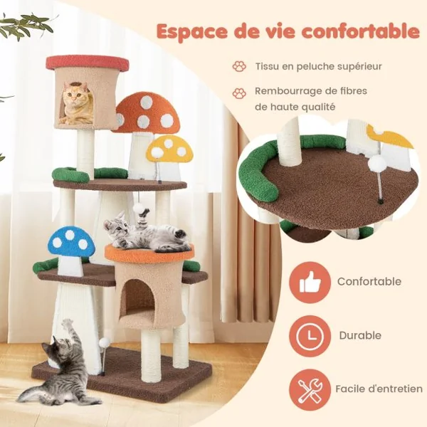 Arbre à Chat en Forme de Champignon 2 Condos Balles Interactives Poteau Griffoir Plateforme Tour de Jeux pour Chat Multicolore