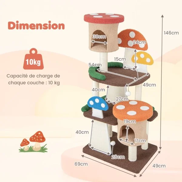 Arbre à Chat en Forme de Champignon 2 Condos Balles Interactives Poteau Griffoir Plateforme Tour de Jeux pour Chat Multicolore
