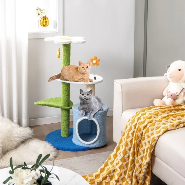 Arbre à Chat en Forme de Fleur 87 CM avec Niche et Griffoirs en Sisal Naturel Tour à Chat 5 Niveaux avec Boules de Peluche